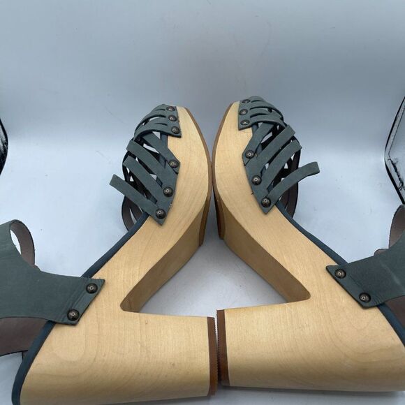 Hinge Parker Strappy leather wooden heel Dusty Blue Sandal 9 - Picture 6 of 11